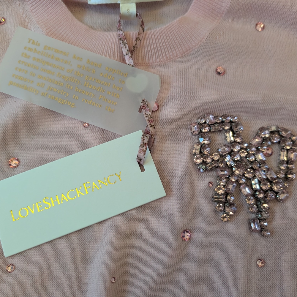 NWT LoveShackFancy Pink Cropped Sweater with Embellished Bow - Picture 5 of 9